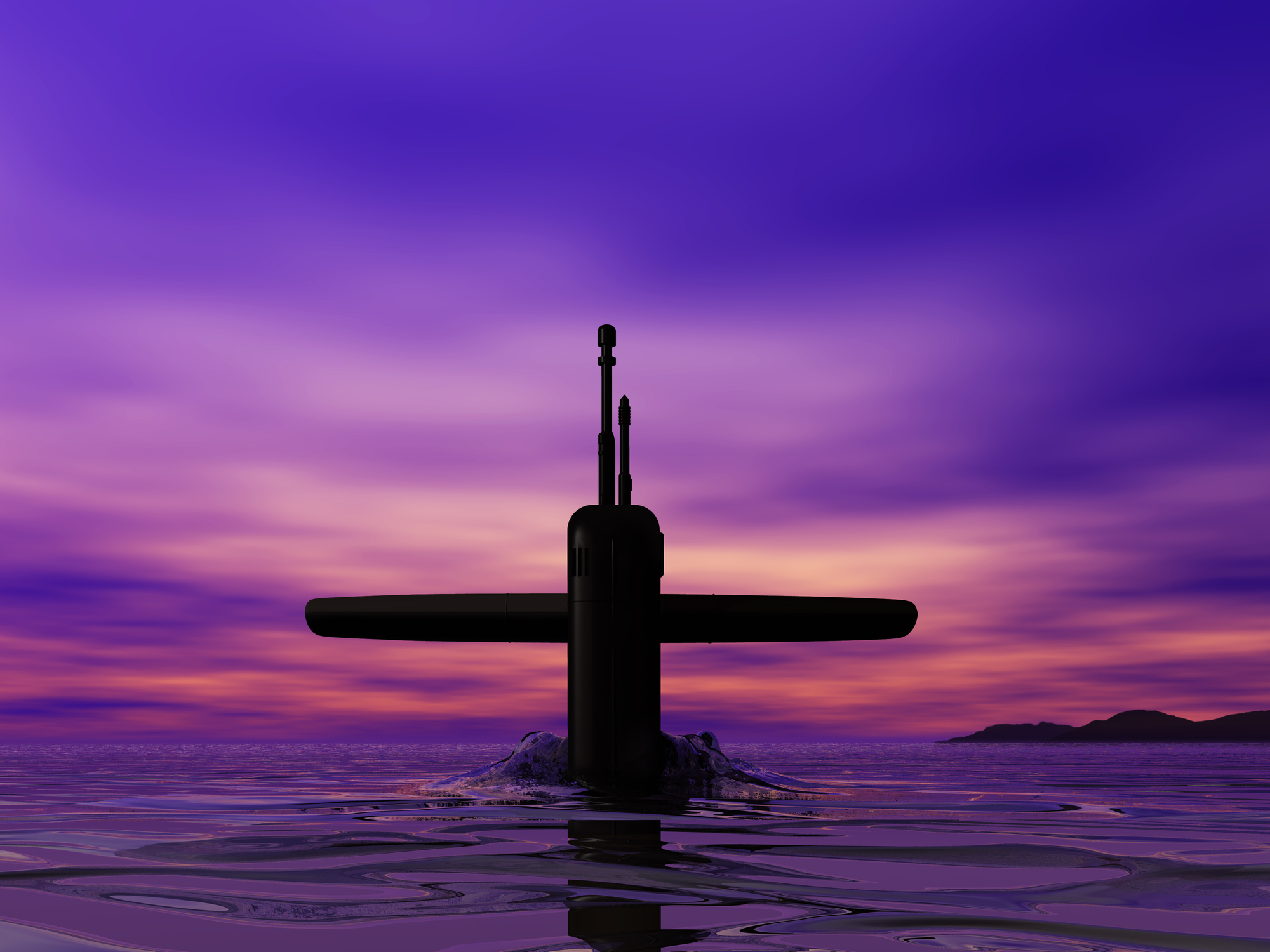 Submarine – dawn at sea Rendering of a submarine surfacing at the sea